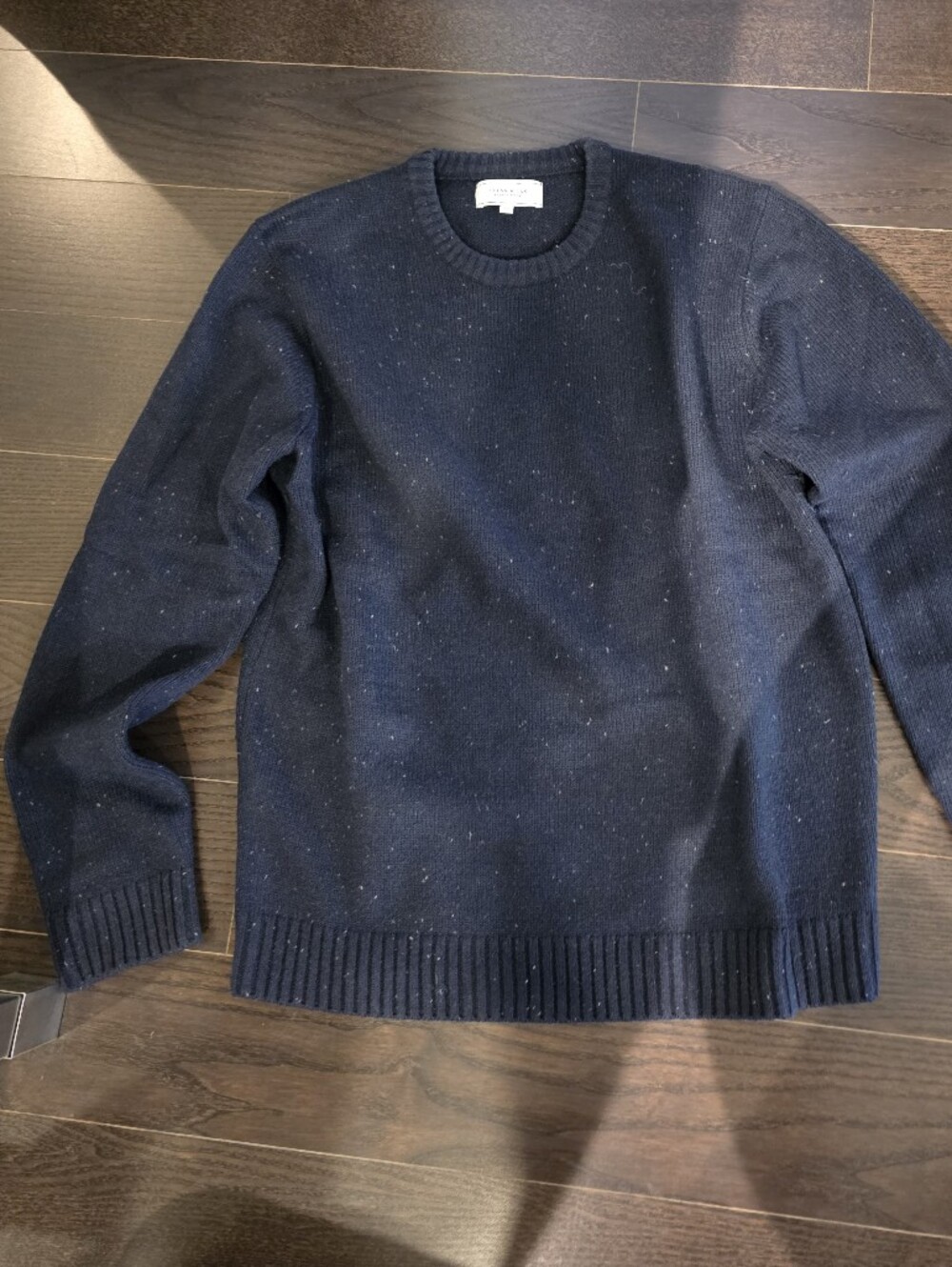 Frank & Oak Donegal Tweed Crewneck Sweater with Elbow Patches - Navy - Size L